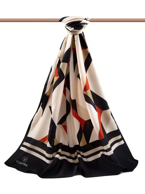 Vissona Lüks Medine Ipeği Geometrik Desenli Siyah - Bordo Renkli 75X195 Kırışmaz Şal Moss Krep Dikiş Tipi Italyan Dikişli