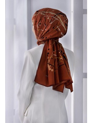 Vissona Lüks Medine Ipeği Boya Damlası Desenli Taba Renkli 75X195 Kırışmaz Şal Moss Krep Dikiş Tipi Italyan Dikişli