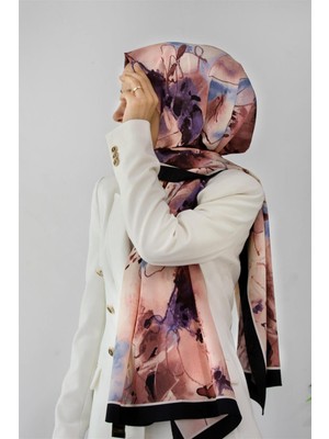 Vissona Lüks Medine Ipeği Sulu Boya Yaprak Desenli Pudra Renkli 75X195 Kırışmaz Şal Moss Krep Dikiş Tipi Italyan Dikişli