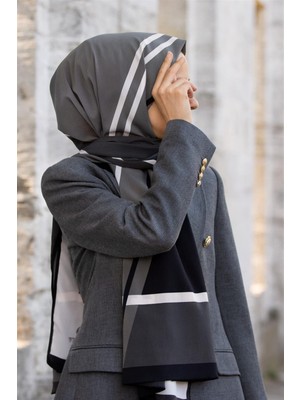 Vissona Lüks Medine Ipeği Geometrık Desenli Füme Renkli 75X195 Kırışmaz Şal Moss Krep Dikiş Tipi Italyan Dikişli