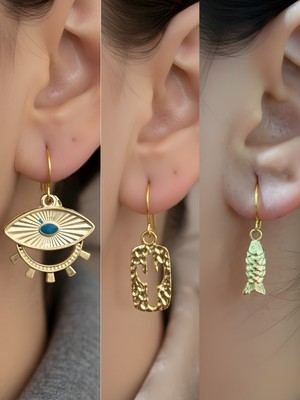 NKT Collection Kaktüs Balık Göz Sembol Figürlü 3’lü Kadın Küpe Set