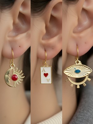 NKT Collection Göz Kupa As Ay Güneş Sembol Figürlü 3’lü Kadın Küpe Set