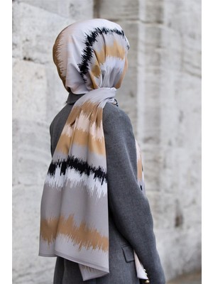 Vissona Lüks Medine Ipeği Frekans  Desenli Gri - Bej Renkli 75X195 Kırışmaz Şal Moss Krep Dikiş Tipi Italyan Dikişli