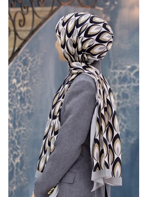 Vissona Lüks Medine Ipeği Geometrik Desenli Gri Renkli 75X195 Kırışmaz Şal Moss Krep Dikiş Tipi Italyan Dikişli