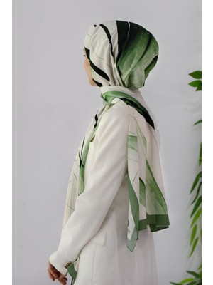 Vissona Lüks Medine Ipeği Çizgi Desenli Mint Yeşili Renkli 75X195 Kırışmaz Şal Moss Krep Dikiş Tipi Italyan Dikişli