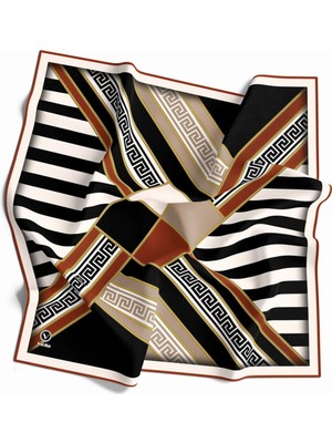 Violla Twill Çizgili Geometrik Desenli Taba Renkli 90X90 Eşarp (Ipek Içermez) Kenar Dikiş Şekli El Dikişli