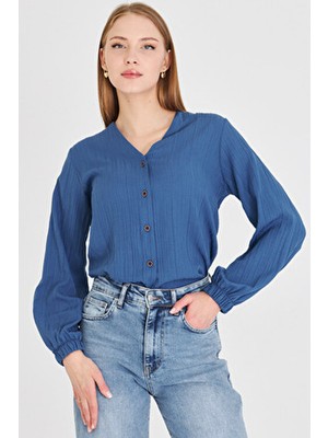 Armonika Kadın Koyu Mavi Kolu Lastikli Bürümcük Gömlek ARM-24K001002