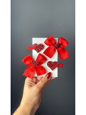 Toka Perisi Kırmızı Kız Çoçuk Bebek Kurdele Kalpli & Kalp Klips Toka Seti