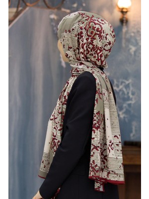 Vissona Lüks Medine Ipeği Eskitme Desenli Bordo Renkli 75X195 Kırışmaz Şal Moss Krep Dikiş Tipi Italyan Dikişli