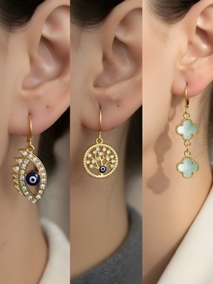 NKT Collection Turkuaz Yonca Hayat Ağacı Nazar Göz Sembol Figürlü 3’lü Kadın Küpe Set