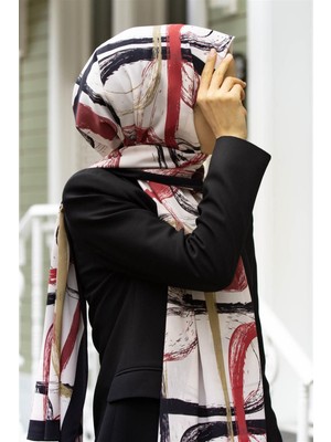 Vissona Lüks Medine Ipeği Fırça Desenli Krem - Bordo Renkli 75X195 Kırışmaz Şal Moss Krep Dikiş Tipi Italyan Dikişli