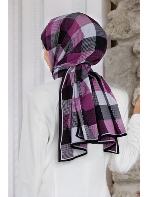 Vissona Lüks Medine Ipeği Kare Desenli Mürdüm - Siyah Renkli 75X195 Kırışmaz Şal Moss Krep Dikiş Tipi Italyan Dikişli