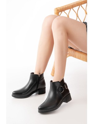 Zerenyus ZRİN-3030 Premium Siyah Toka Aksesuarlı Fermuarlı Günlük Kadın Bot