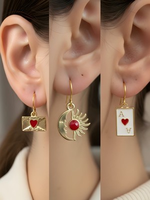 NKT Collection Kupa As Ay Güneş Kalp Zarf Sembol Figürlü 3’lü Kadın Küpe Set