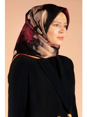 Vissona %100 Twill Ipek Yaprak Desenli Siyah - Bordo Renkli 90X90 Eşarp Dikim Şekli : El Dikişi