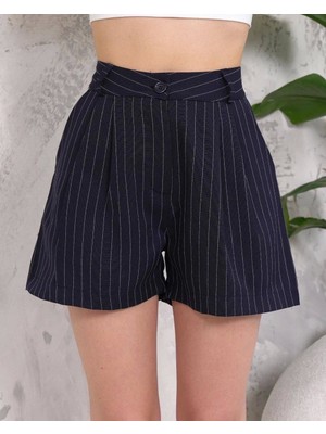 Virtustore Çizgili Düğmeli Şort Siyah S2551251
