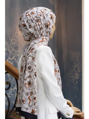 Vissona Lüks Medine Ipeği Çiçekli Kahverenegi - Taba Renkli 75X195 Kırışmaz Şal Moss Krep Dikiş Tipi Italyan Dikişli