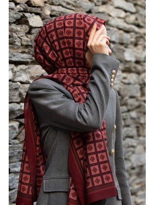 Vissona Lüks Medine Ipeği Kare Desenli Taba Renkli 75X195 Kırışmaz Şal Moss Krep Dikiş Tipi Italyan Dikişli