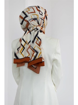 Vissona Lüks Medine Ipeği Geometrik Desenli Taba Renkli 75X195 Kırışmaz Şal Moss Krep Dikiş Tipi Italyan Dikişli