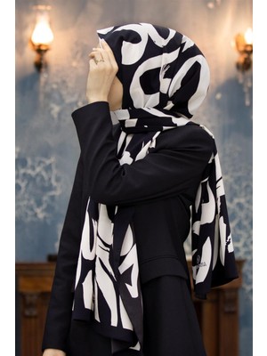 Vissona Lüks Medine Ipeği Fırça Darbesi Desenli Siyah - Krem Renkli 75X195 Kırışmaz Şal Moss Krep Dikiş Tipi Italyan Dikişli