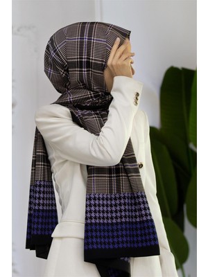 Vissona Lüks Medine Ipeği Ekoseli Kazayak Desenli Saks Renkli 75X195 Kırışmaz Şal Moss Krep Dikiş Tipi Italyan Dikişli