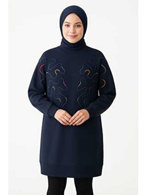 Puane Kadın Lacivert Renkli Nakış Detaylı Tesettür Sweat Tunik - Rahat Oversize Kalıp