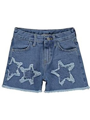 Civil Girls Civil Kadın Yıldız Nakışlı Yazlık Şort 10-13 Yaş Mavi Regular Fit Düz Desen