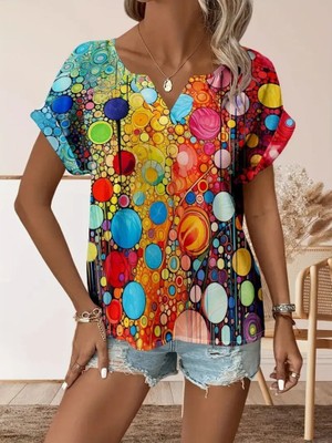 Hazego Kadın Kısa Kollu V Yakalı Desenli Süprem Bluz