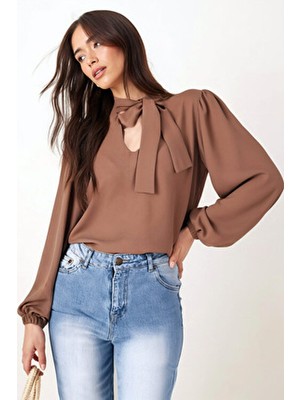 Armonika Kadın Camel Yakası Bağlamalı Kolu Lastikli Bluz ARM-25K001096