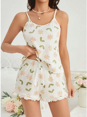 Marsilyan Kadın Ekru Çiçek Baskılı Şortlu Gecelik Pijama Takımı 5047