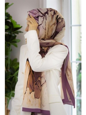 Vissona Lüks Medine Ipeği Batik Desenli Lila Renkli 75X195 Kırışmaz Şal Moss Krep Dikiş Tipi Italyan Dikişli