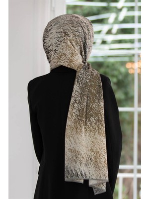 Vissona Lüks Medine Ipeği Zikzak Geometrik Desenli Gri - Bej Renkli 75X195 Kırışmaz Şal Moss Krep Dikiş Tipi Italyan Dikişli