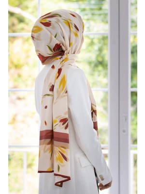 Vissona Lüks Medine Ipeği Lale Desenli Bordo Renkli 75X195 Kırışmaz Şal Moss Krep Dikiş Tipi Italyan Dikişli