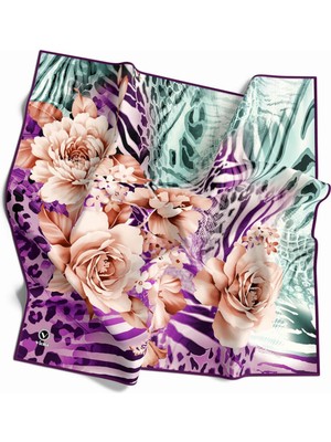 Violla Twill Renkli Şerit Desenli Mor Renkli 90X90 Eşarp (Ipek Içermez) Kenar Dikiş Şekli El Dikişli