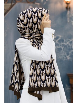 Vissona Lüks Medine Ipeği Geometrik Desenli Kahverengi Renkli 75X195 Kırışmaz Şal Moss Krep Dikiş Tipi Italyan Dikişli