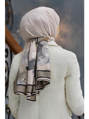 Vissona Lüks Medine Ipeği Çiçek Desenli Bej - Gri Renkli 75X195 Kırışmaz Şal Moss Krep Dikiş Tipi Italyan Dikişli