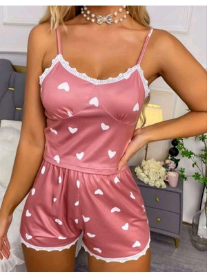 Marsilyan Kadın Pudra Kalp Desenli Seksi Gecelik Takım 6641