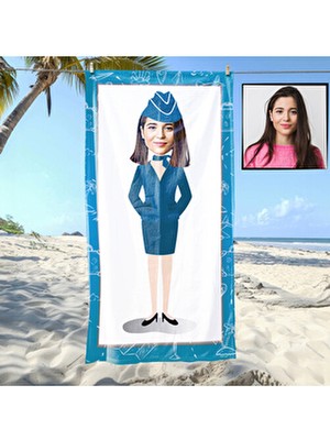 Ejoya Kişiye Özel Karikatür Fotoğraflı Hostes Plaj ve Spor Havlusu 115007