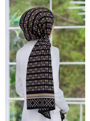 Vissona Lüks Medine Ipeği Kare Desenli Füme Renkli 75X195 Kırışmaz Şal Moss Krep Dikiş Tipi Italyan Dikişli