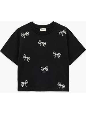 Koton Kurdele Detaylı Pamuklu Kısa Kollu Bisiklet Yaka Tişört