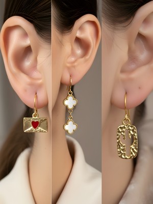 NKT Collection Kaktüs Beyaz Yonca Kalp Zarf Sembol Figürlü 3’lü Kadın Küpe Set