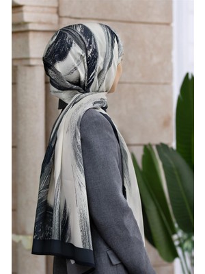 Vissona Lüks Medine Ipeği Fırça Desenli Füme Renkli 75X195 Kırışmaz Şal Moss Krep Dikiş Tipi Italyan Dikişli