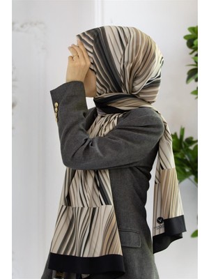 Vissona Lüks Medine Ipeği Çizgili Desenli Siyah Renkli 75X195 Kırışmaz Şal Moss Krep Dikiş Tipi Italyan Dikişli
