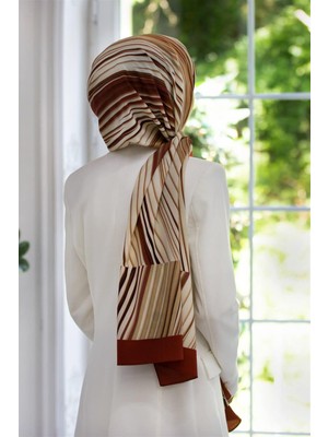 Vissona Lüks Medine Ipeği Çizgili Desenli Bordo Renkli 75X195 Kırışmaz Şal Moss Krep Dikiş Tipi Italyan Dikişli