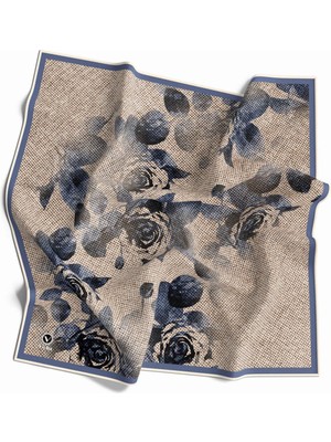 Violla Twill Gül Desenli Indigo Mavisi Renkli 90X90 Eşarp (Ipek Içermez) Kenar Dikiş Şekli El Dikişli