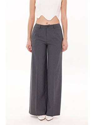 La Pante Kadın Pantolon Palazzo Pantolon Geniş Paça Pantolon Likralı Bol Paça Antrasit Çizgili Düğmeli Kumaş