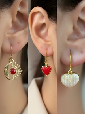 NKT Collection Beyaz Kalp Kırmızı Kalp Ay Güneş Sembol Figürlü 3’lü Kadın Küpe Set