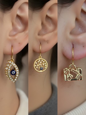 NKT Collection Bavul Hayat Ağacı Nazar Göz Sembol Figürlü 3’lü Kadın Küpe Set