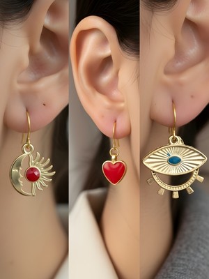 NKT Collection Göz Kırmızı Kalp Ay Güneş Sembol Figürlü 3’lü Kadın Küpe Set