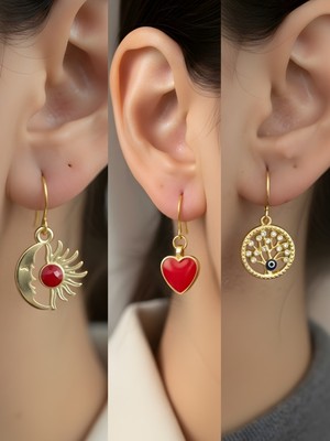 NKT Collection Hayat Ağacı Kırmızı Kalp Ay Güneş Sembol Figürlü 3’lü Kadın Küpe Set